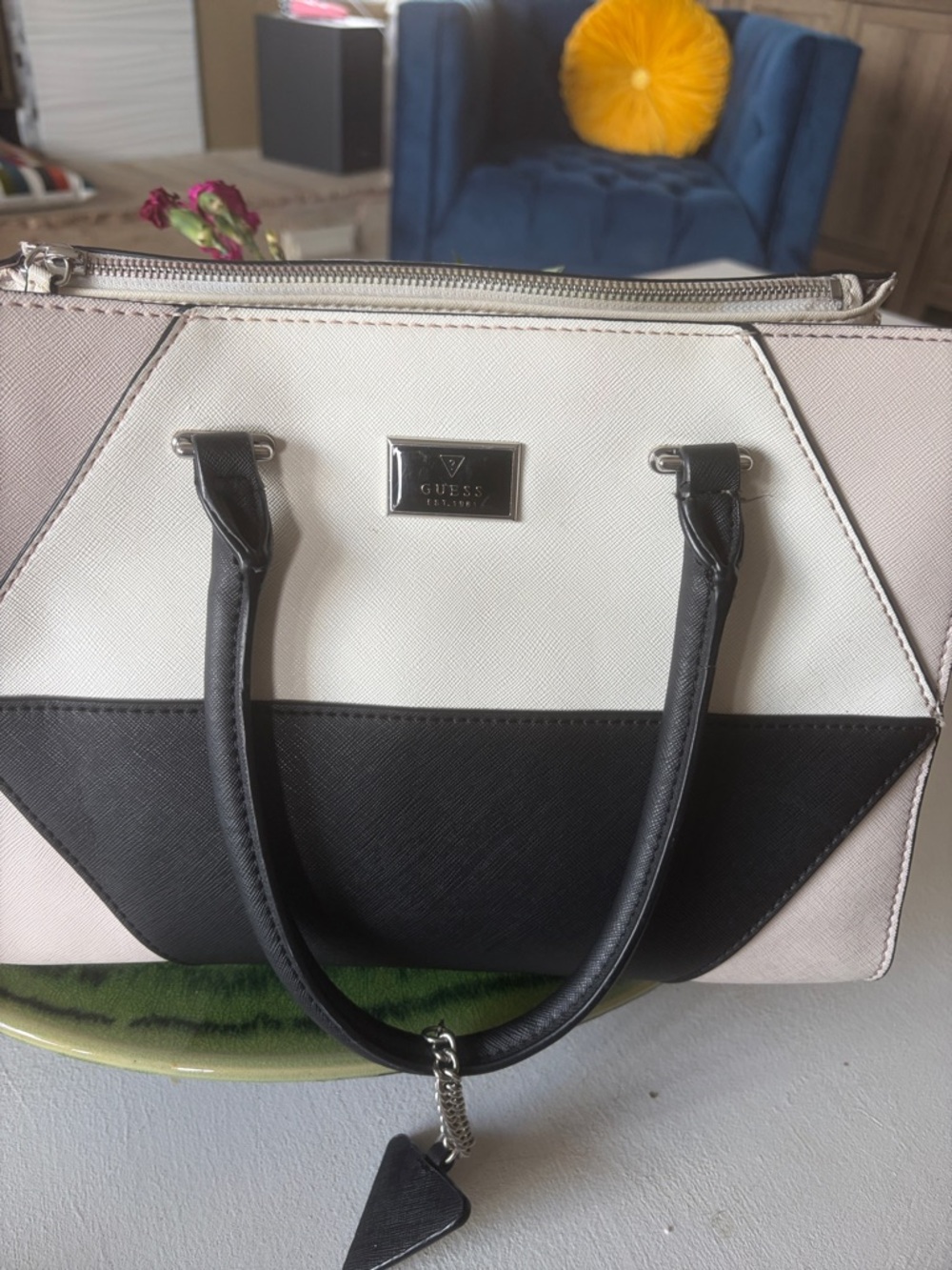 GUESS Tri-Panel Satchel in Black, White, Blush